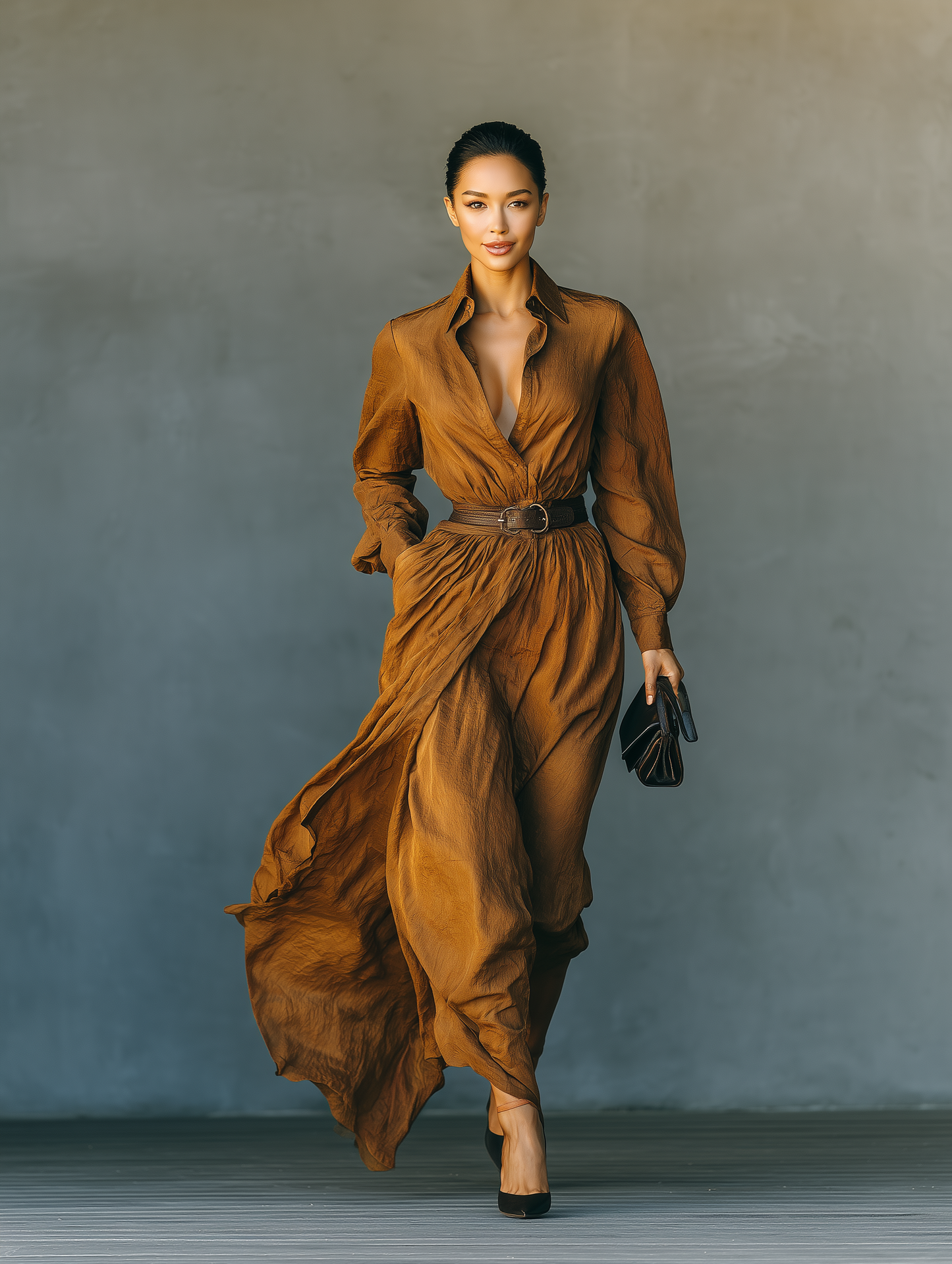 Women's Cotton Blend Coffee Versatile Maxi Dress (Without Belt) MDA0415H1T