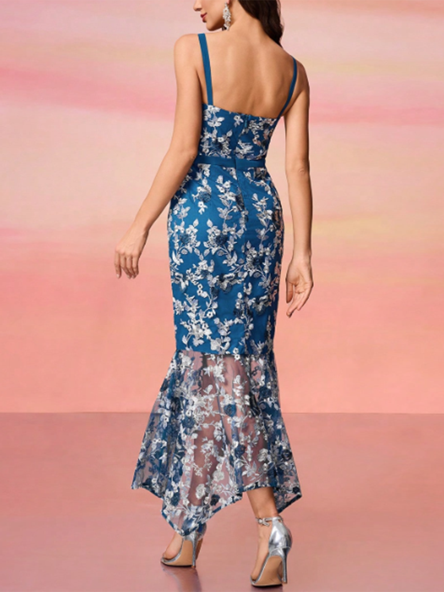 Women's Floral Mesh Embroidered Suspender Waist And Hip Fishtail Maxi Dress MDA1918F0Y