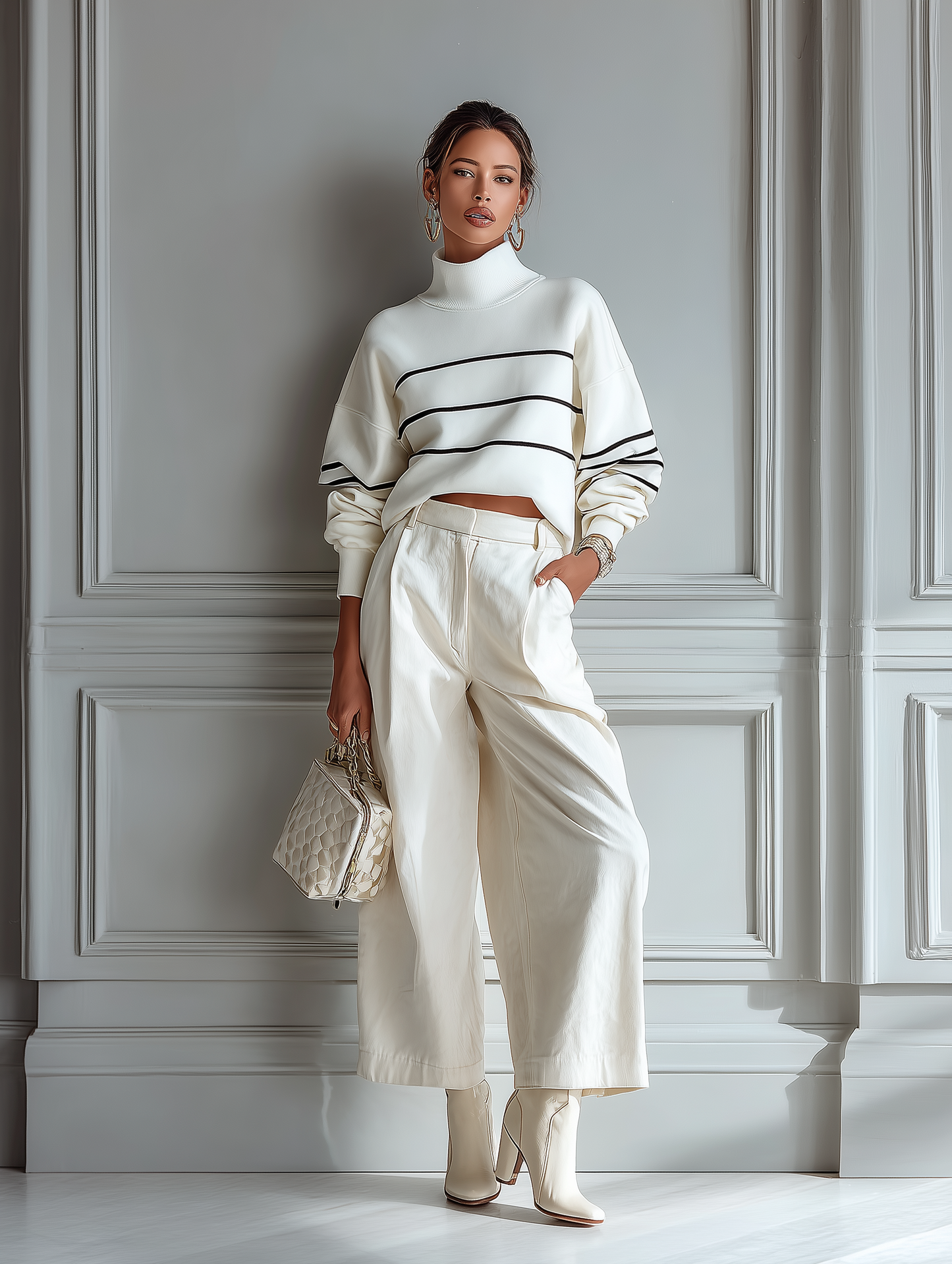 Women's White Knit Top Wide-Leg Pants Set MDA1304H1T