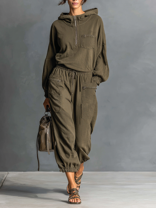 Women's Casual Washed Hooded Sweatshirt And Sweatpants Set MDA1998H5Y