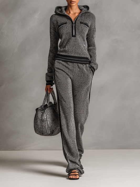 Women's Corduroy Ribbed Black Trim Hooded Sweatshirt Straight Pants Set MDA1849H3Y