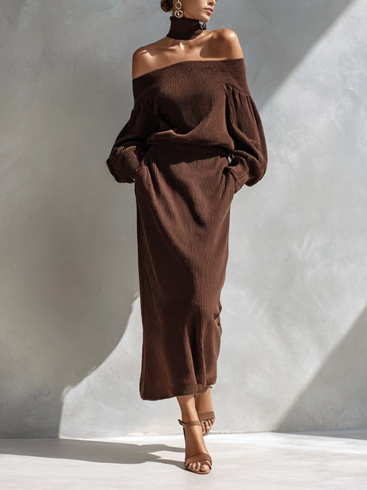 Women's Brown Elegant Rib - Knit Off - Shoulder Skirt Set MDA1550H8I