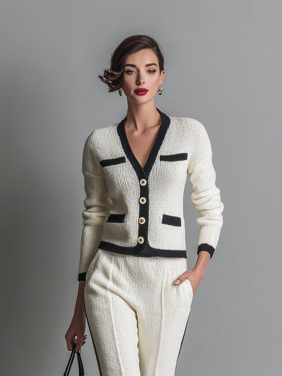 Women's Knitted Black Trim Single-Breasted Cardigan Pants Set MDA1545H4Y