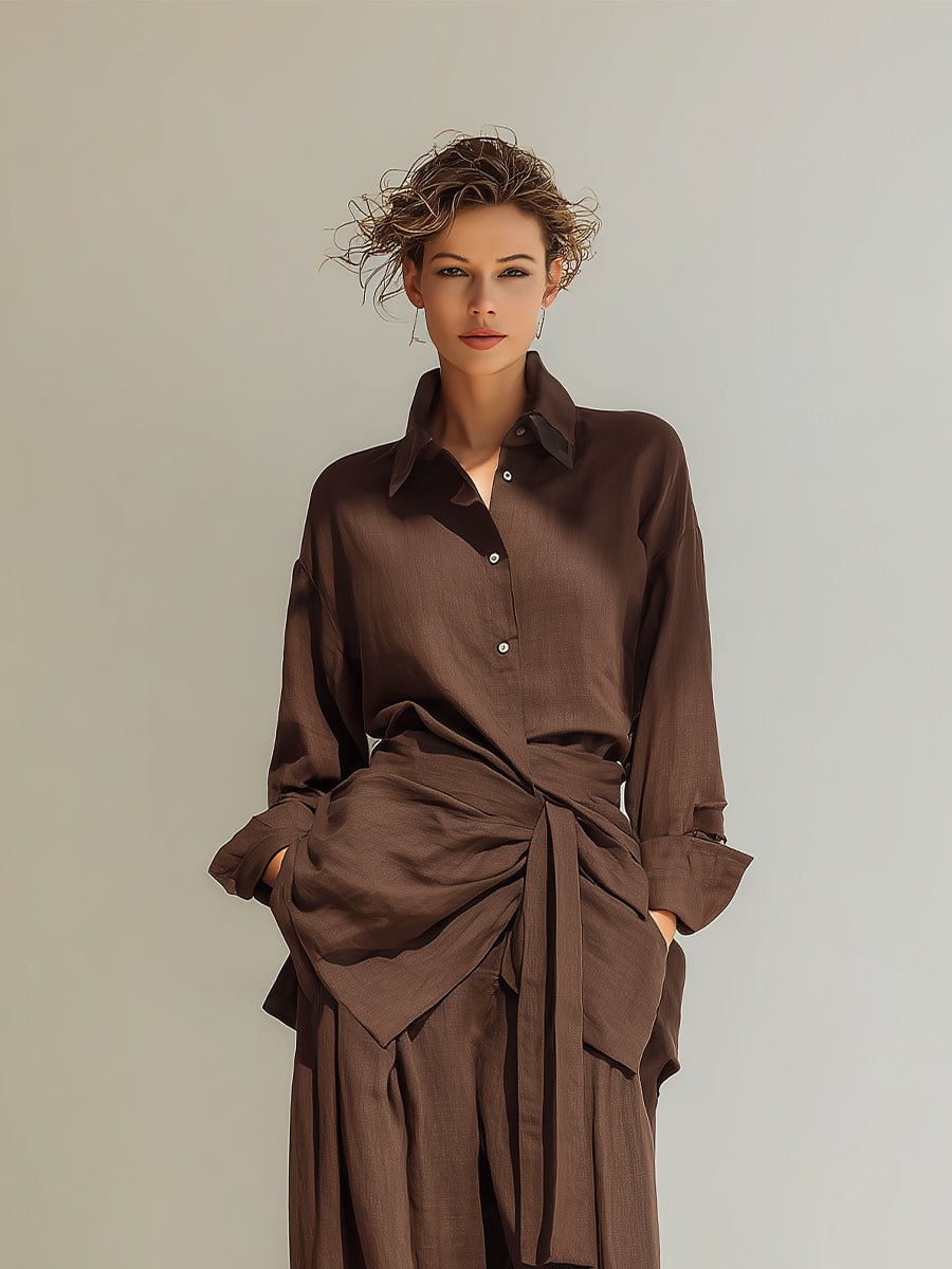 Women's Deep Brown Elegant Linen Wrap - Belted Shirt & Pants Set MDA0850H6I