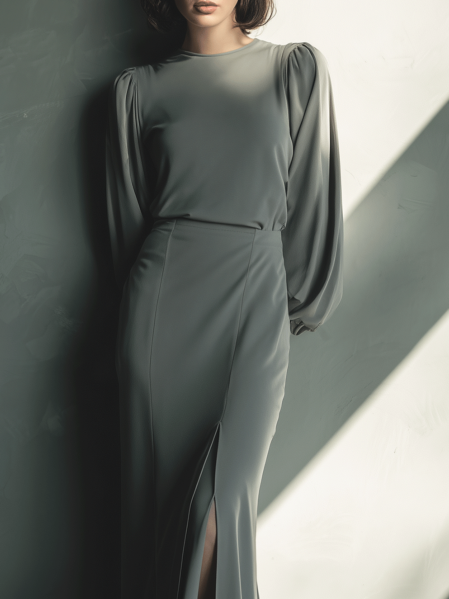 Women's Gray Slit Simple High-End Blended Maxi Dress MDA0279H5I