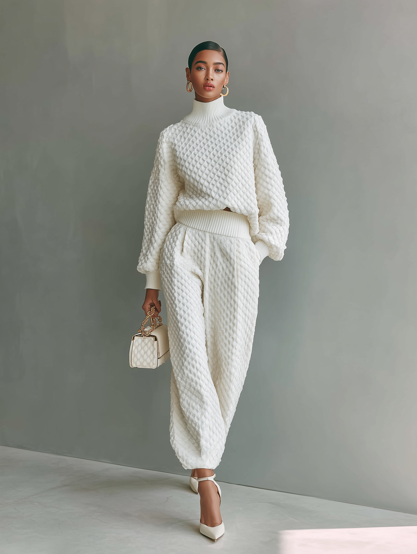 Women's White Top And Wide-leg Pants Knitted Set MDA1612H5T