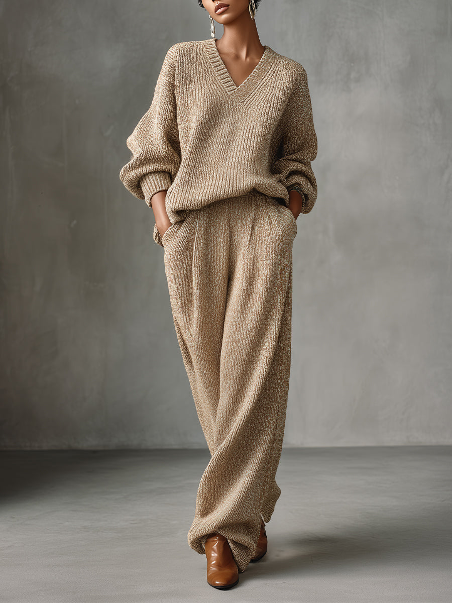 Women's Beige Elegant Knit V - Neck Sweater & Wide - Leg Pants Set MDA1485H8I