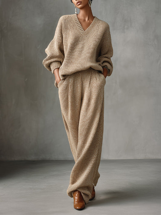 Women's Beige Elegant Knit V - Neck Sweater & Wide - Leg Pants Set MDA1485H8I