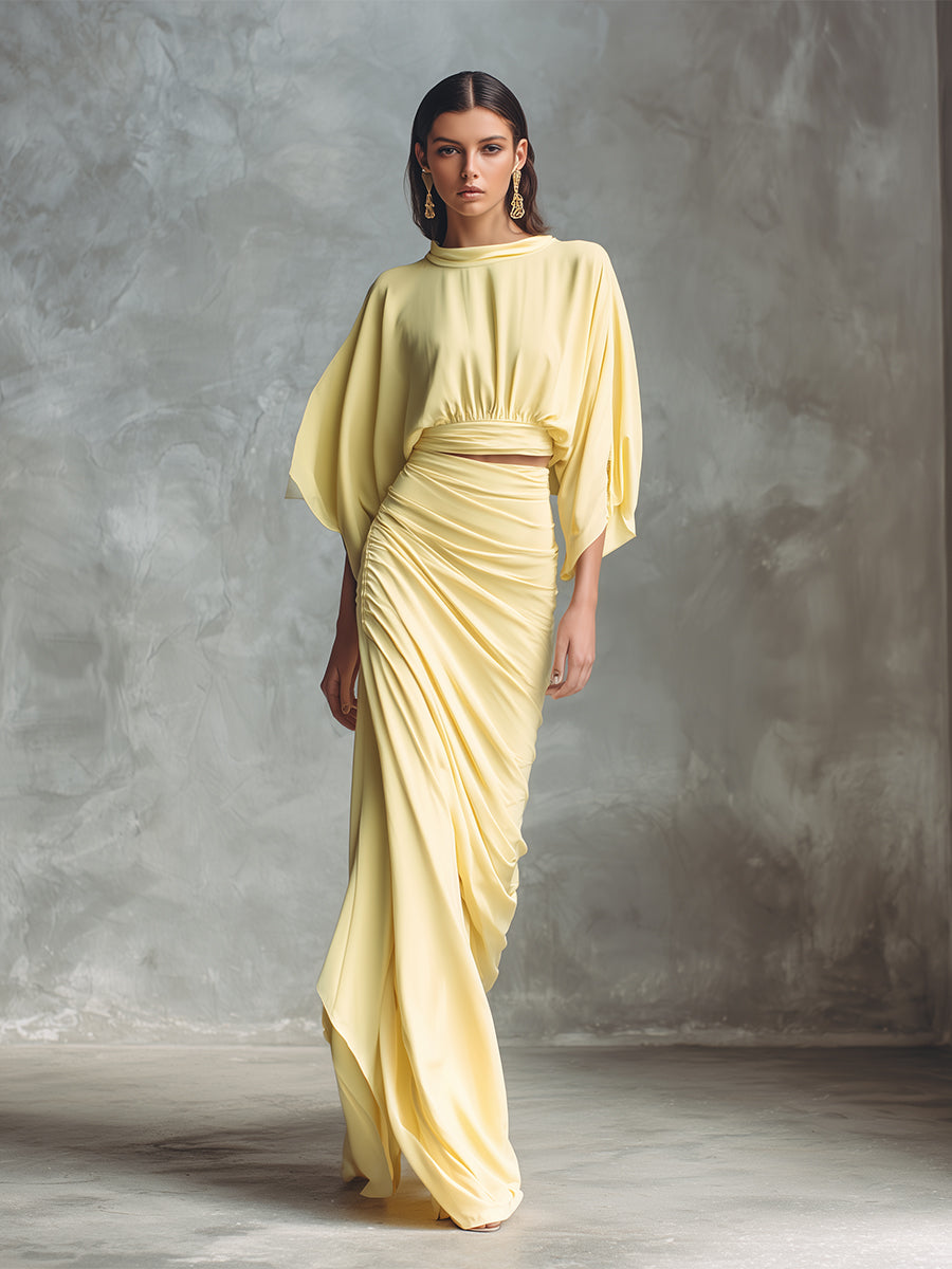Women's Yellow Elegant Satin Ruched Batwing - Sleeve & Maxi Skirt Set MDA2089H1I
