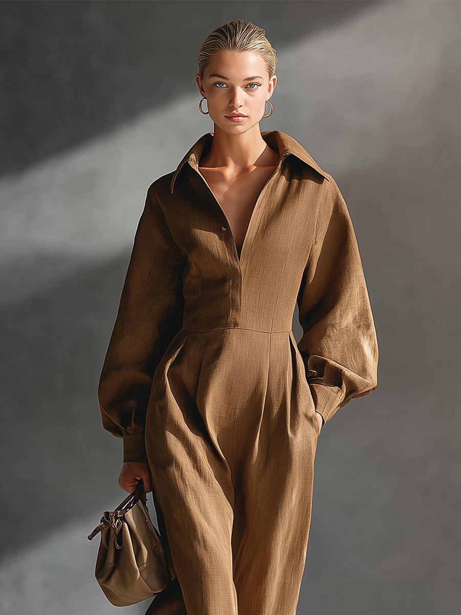 Women's Brown Chic Linen Cotton Blended Puff - Sleeve Maxi Dress MDA1120H7I