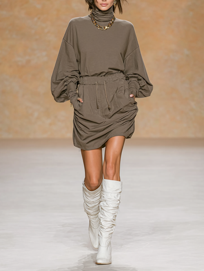 Women's Fashion Turtleneck Lantern Sleeve T-Shirt Mini Skirt Set MDA1284H8Y