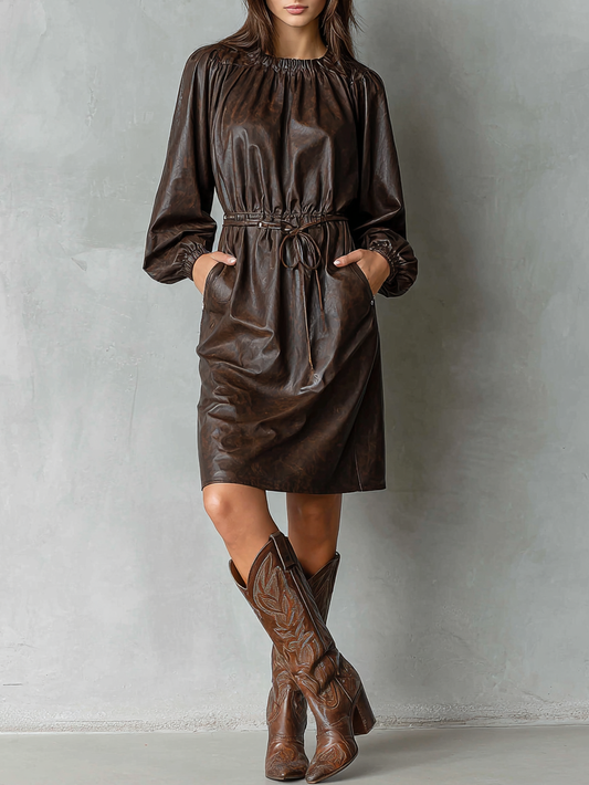 Women's Distressed Leather Crew Neck Drawstring Midi Dress MDA1295H1Y