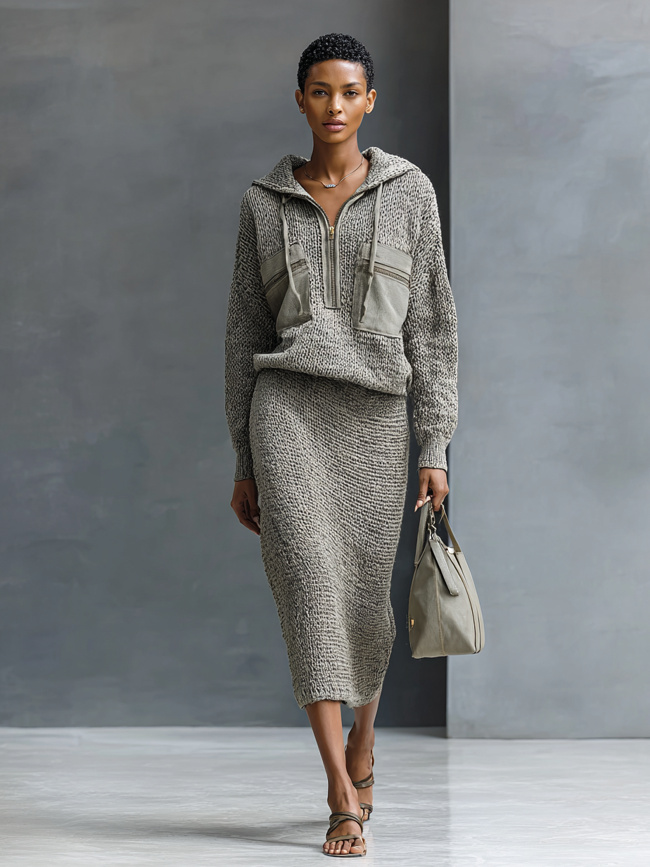 Women's Fashion Knitted Hooded Double Chest Pocket Sweater Skirt Set MDA1857H0Y