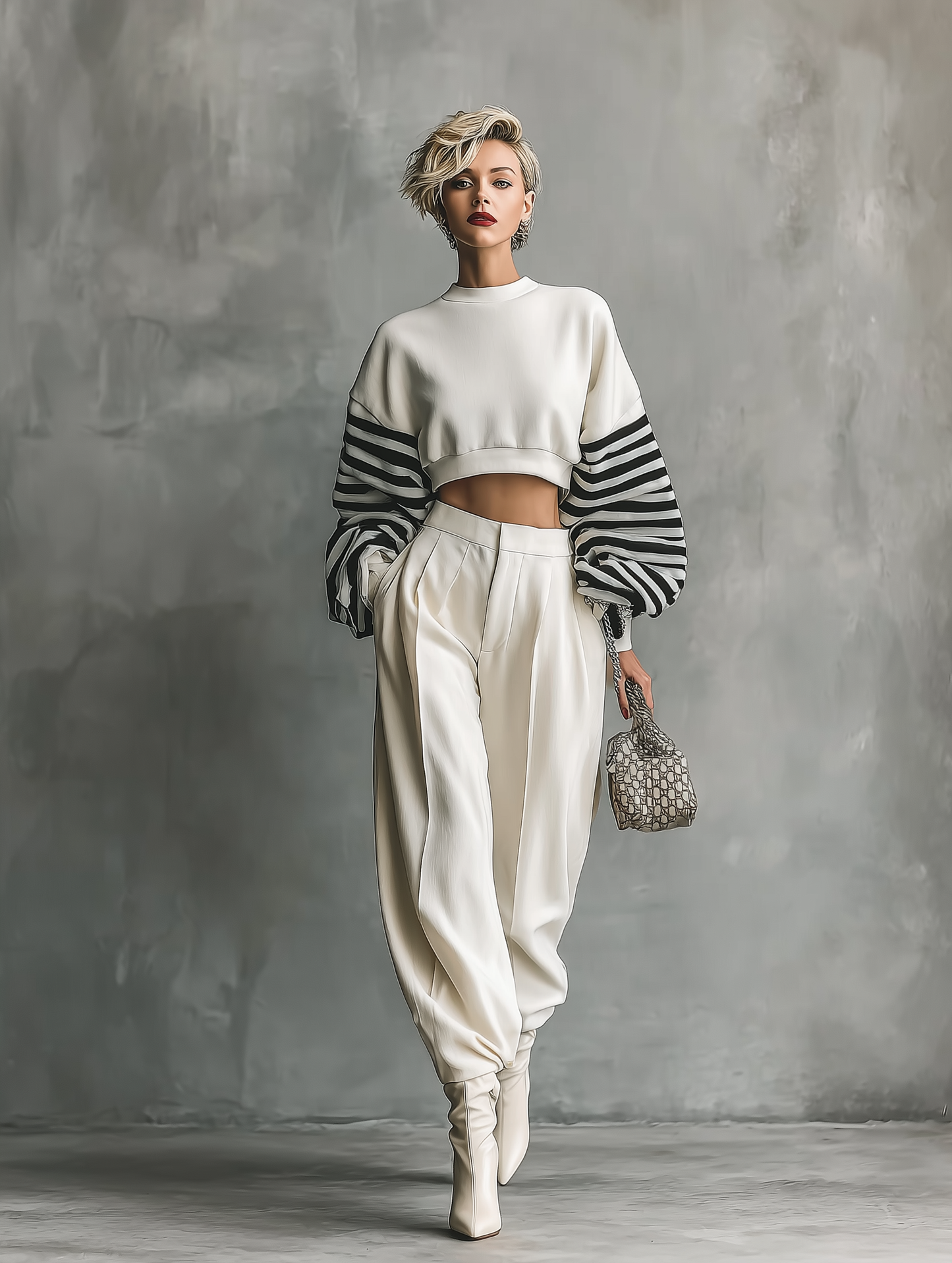 Women's White Knitted Top And Wide-leg Pants Set MDA1505H9T