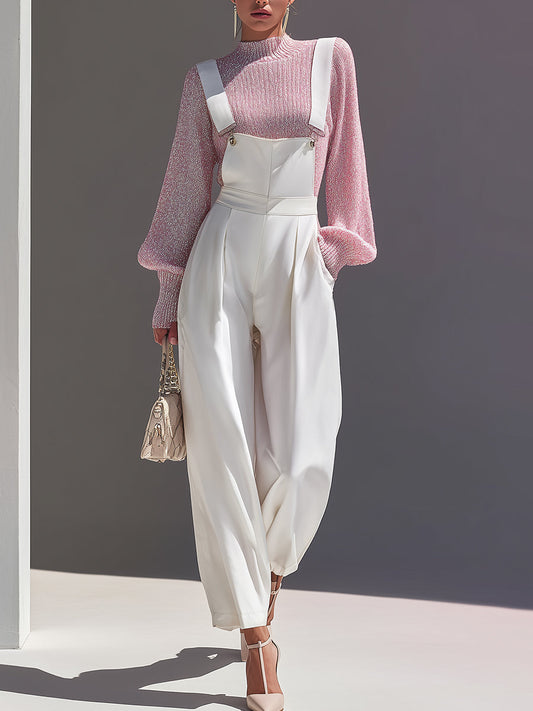 Women's Pink Chic Lurex - Knit Sweater & High - Waist Overalls Set MDA1590H2I