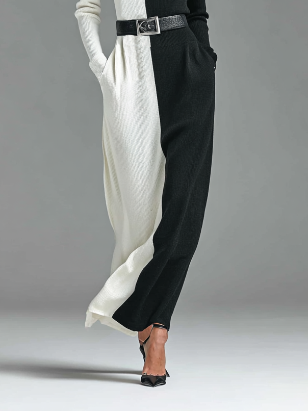 Women's Fashion Loose Turtleneck Black And White Colorblock Knit Maxi Dress (Belt Not Included)MDA1615H4Y