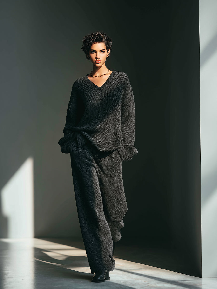 Women's Dark Grey Elegant Rib - Knit V - Neck Sweater & Wide - Leg Pants Set MDA1436H2I