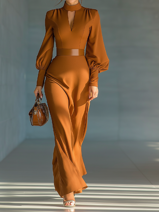 Women's Brown Stretch Blend Minimalist Fit Maxi Dress MDA0606H2T