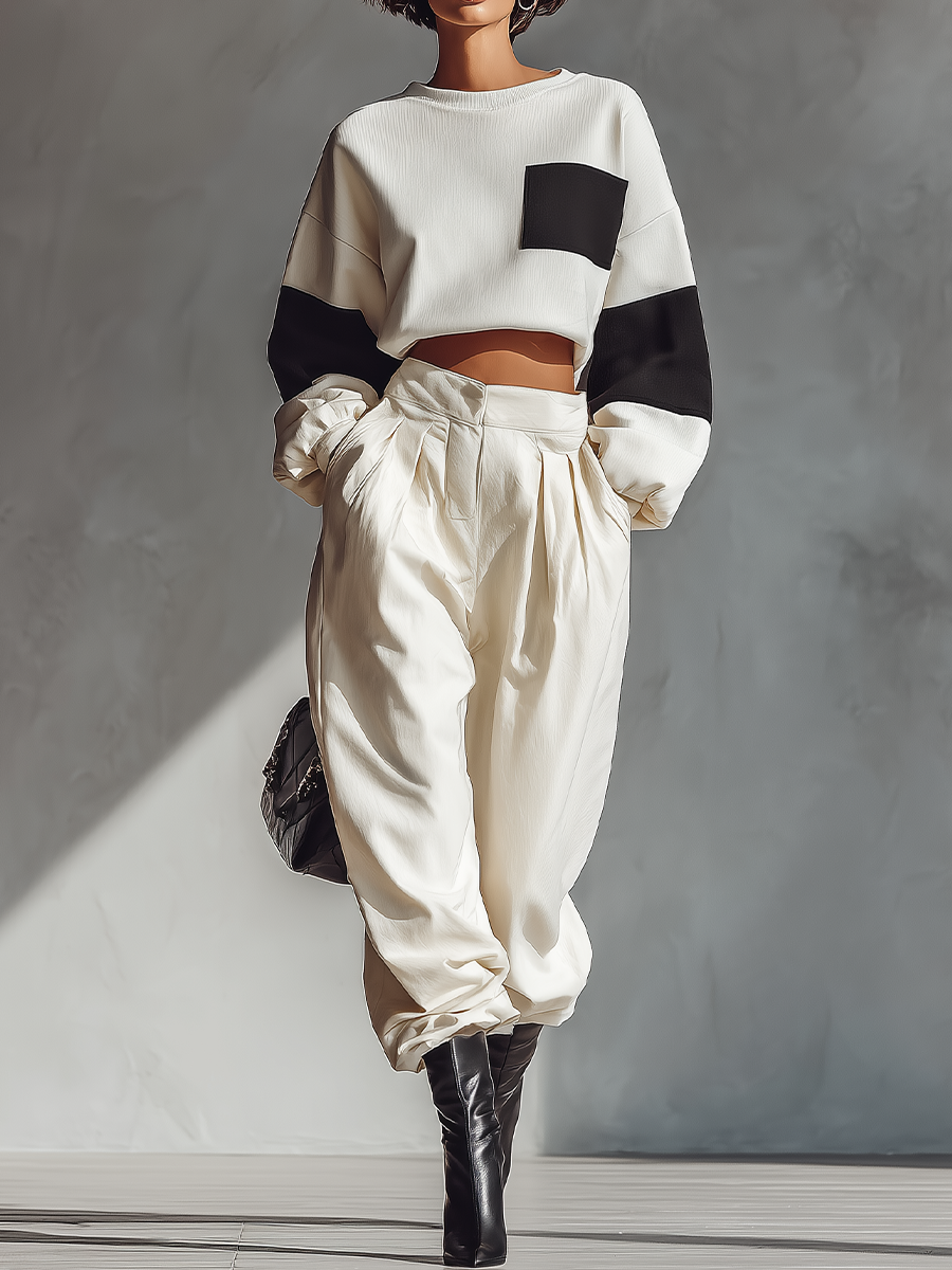 Women's White Knit Crop Top And Wide-leg Pants Set MDA1471H9T