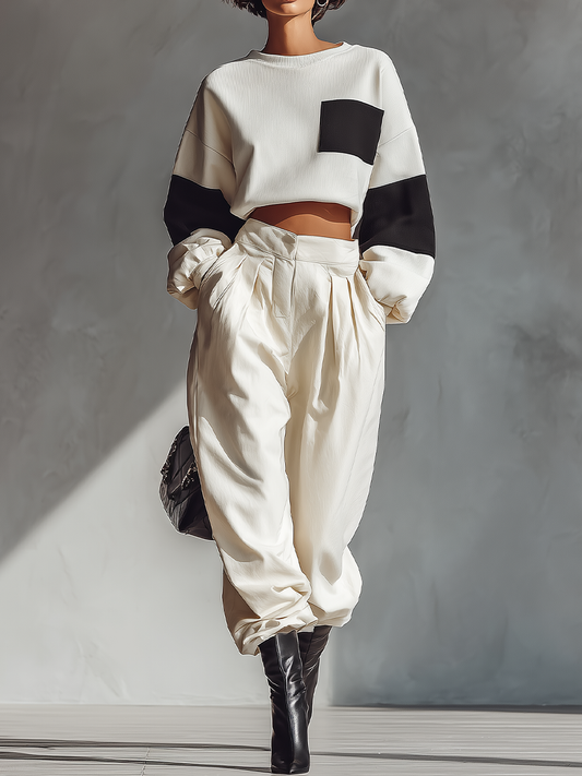 Women's White Knit Crop Top And Wide-leg Pants Set MDA1471H9T
