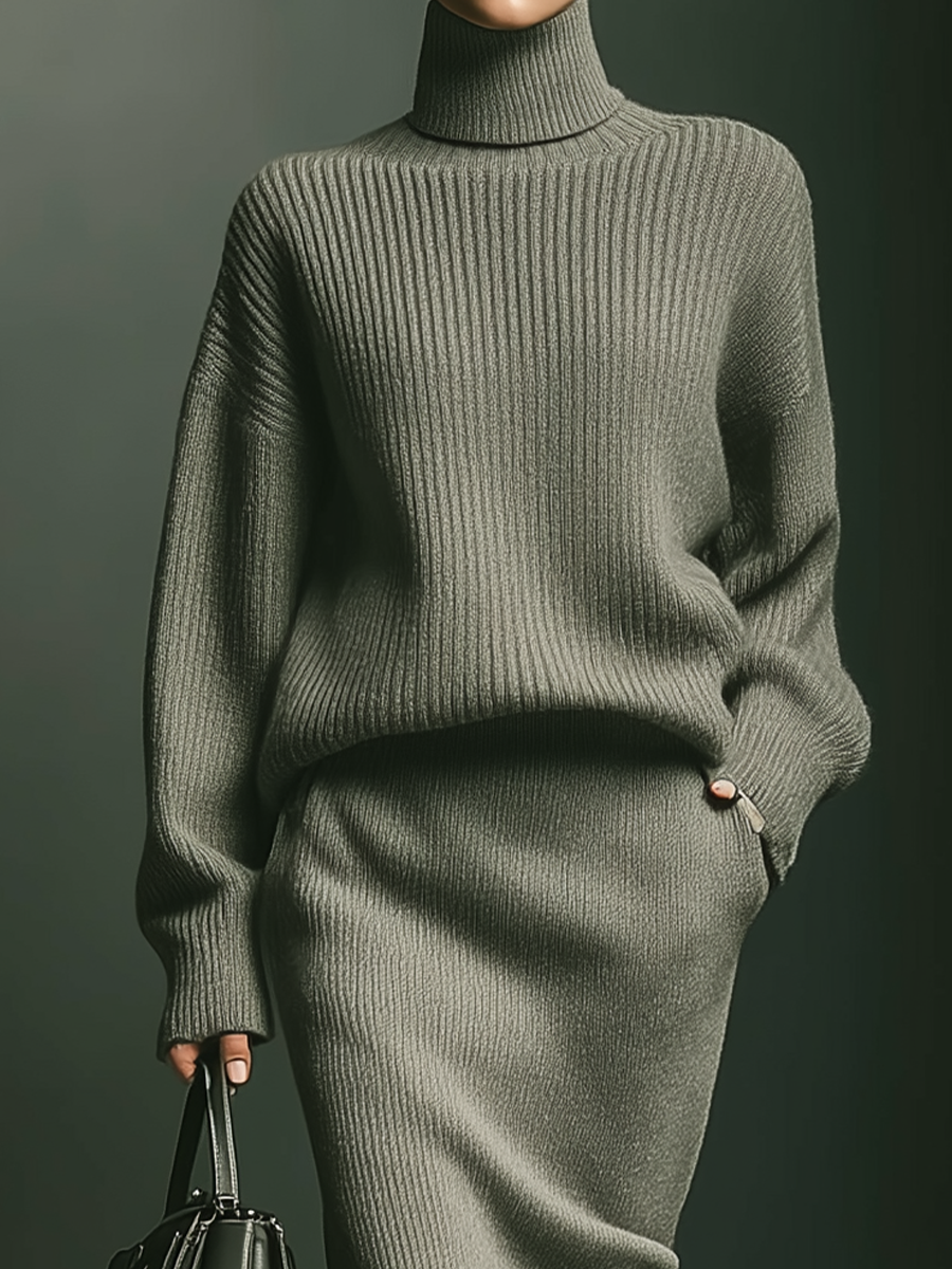 Women's Gray Loose-fitting Knitted Skirt Set MDA1582H9T