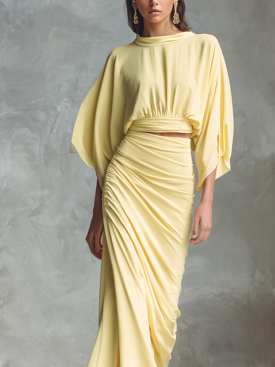 Women's Yellow Elegant Satin Ruched Batwing - Sleeve & Maxi Skirt Set MDA2089H1I