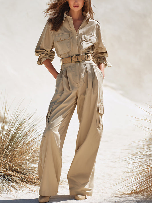 Women's Beige Safari - Style Cotton Belted Cargo Jumpsuit (without belt) MDA0892H5I