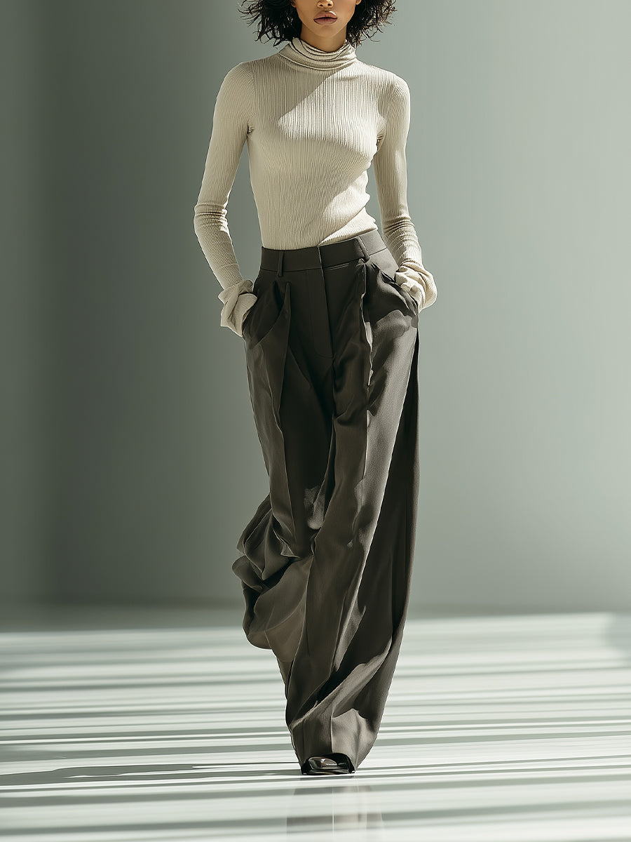 Women's Beige & Grey Elegant Rib - Knit Turtleneck Sweater & Pleated Wide - Leg Pants Set MDA1655H4I