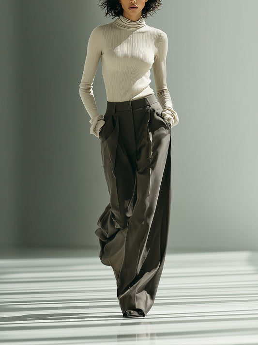 Women's Beige & Grey Elegant Rib - Knit Turtleneck Sweater & Pleated Wide - Leg Pants Set MDA1655H4I