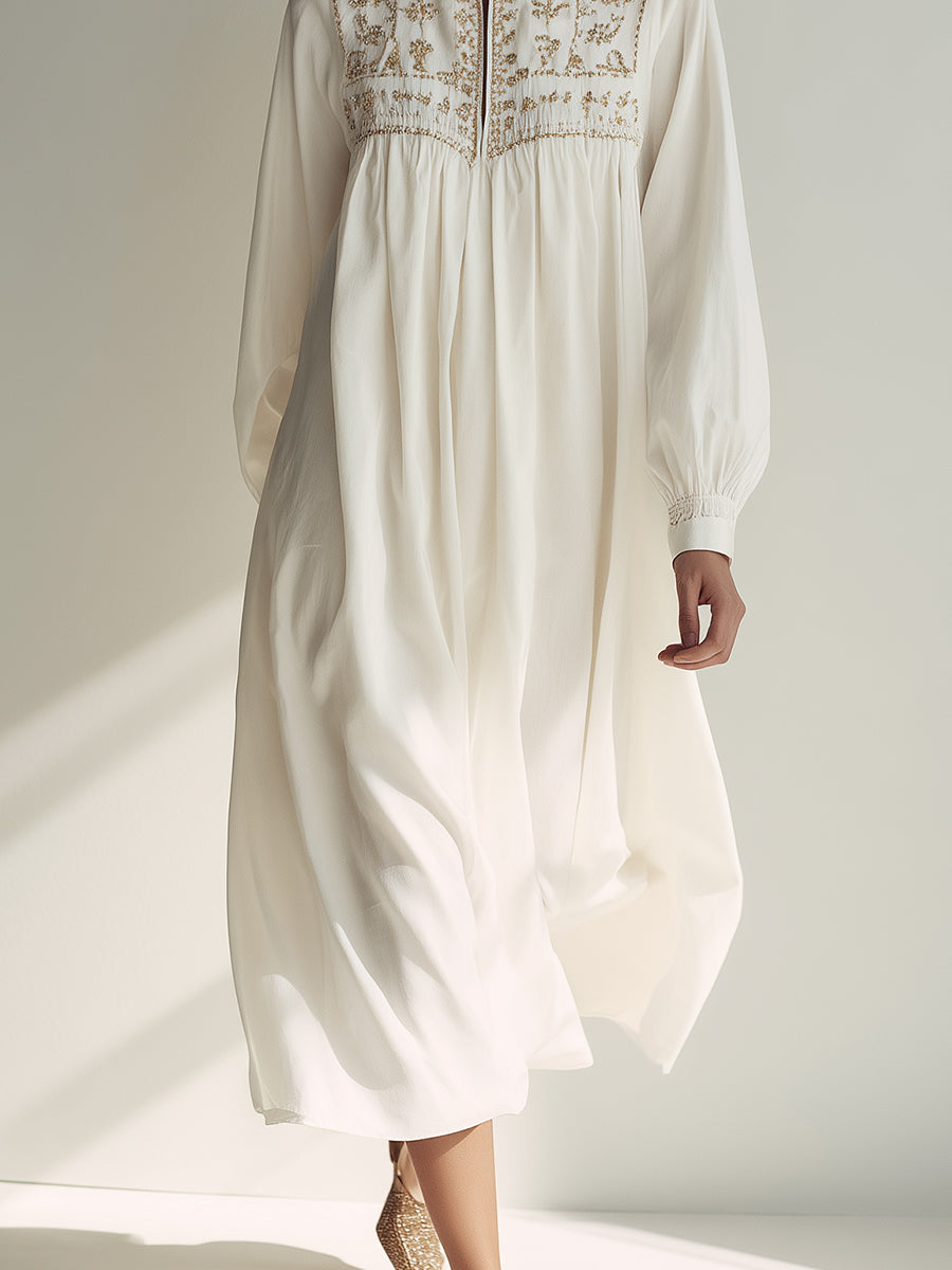 Women's White Chic Cotton Embroidered Long - Sleeve Midi Dress MDA1965H0I