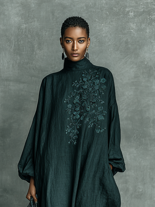 Women's Loose Cotton And Linen Blend Shoulder Embroidery Half-high Collar Long-sleeved Maxi Dress MDA1563H7Y