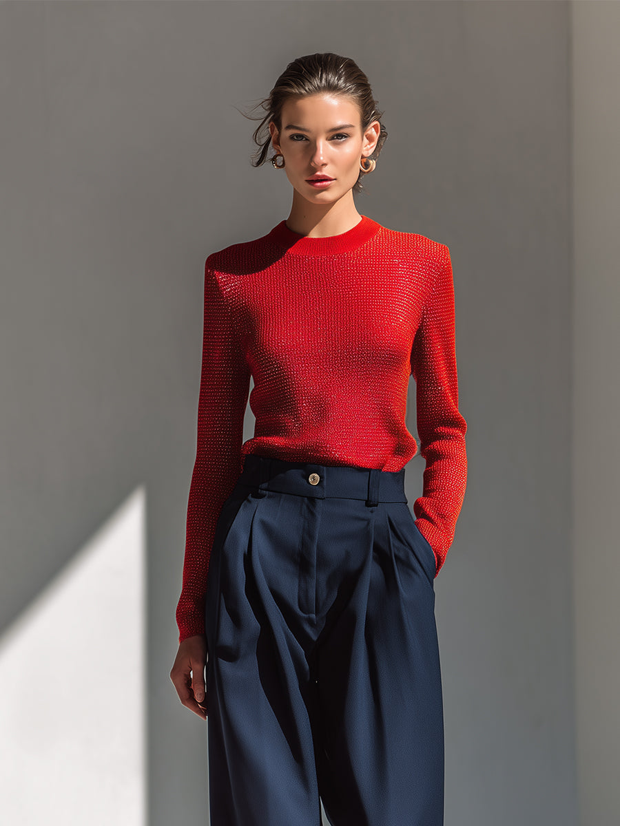 Women's Red & Navy Elegant Glitter - Knit Sweater & Pleated Wide - Leg Pants Set MDA1574H4I