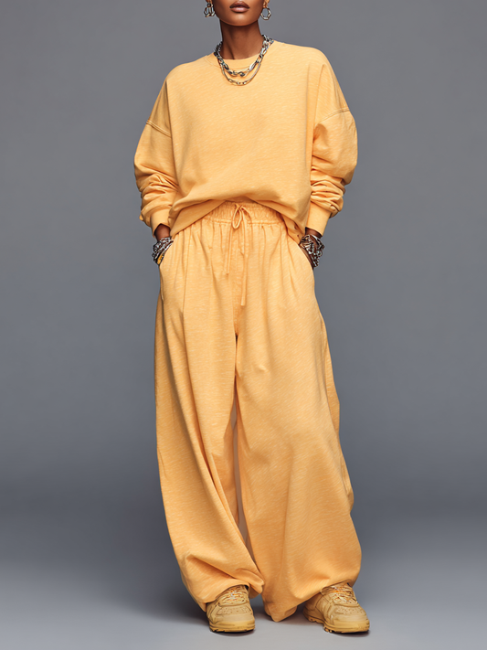 Women's Loose Solid Color Round Neck Sweatshirt And Sweatpants Set MDA1244H4Y