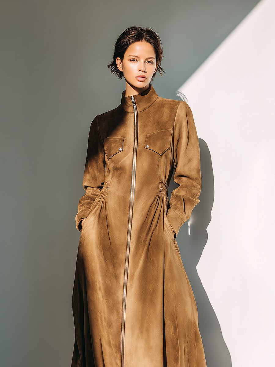 Women's Camel Elegant Suede Zip - Front Maxi Dress MDA0675H9I
