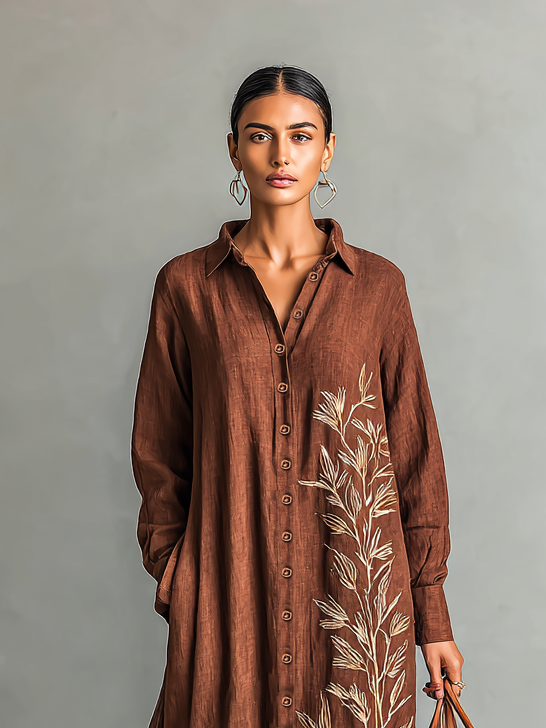 Women's Cotton And Linen Blend Leaf Embroidered Long-sleeved Shirt Maxi Dress MDA1525H1Y