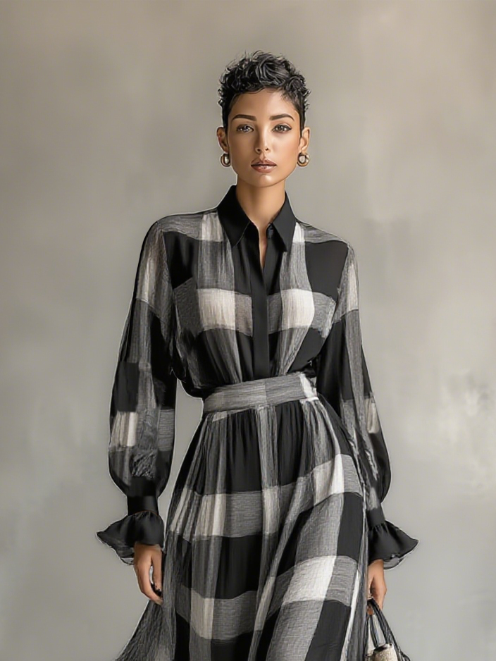 Women's Fashion Plaid Lapel Shirt Long Skirt Set MDA0470H3Y
