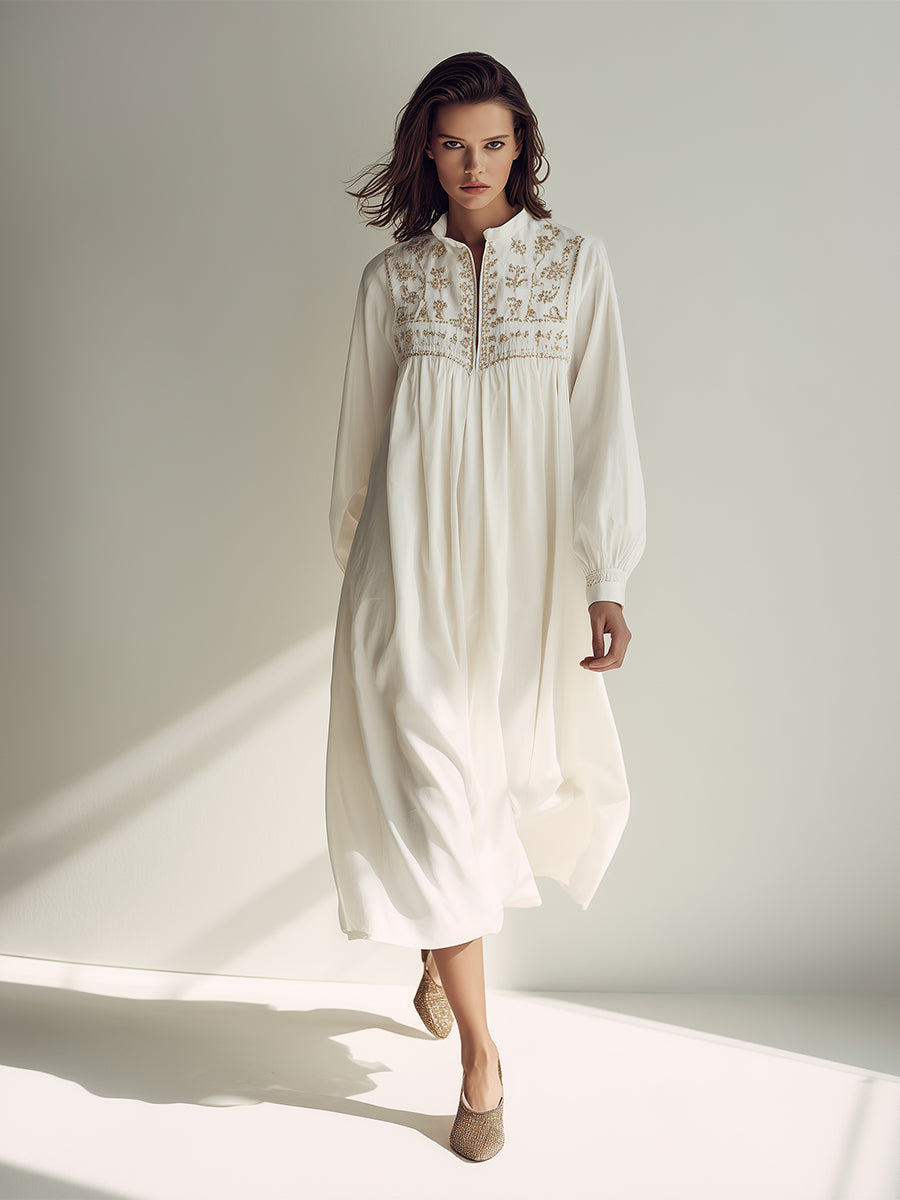 Women's White Chic Cotton Embroidered Long - Sleeve Midi Dress MDA1965H0I