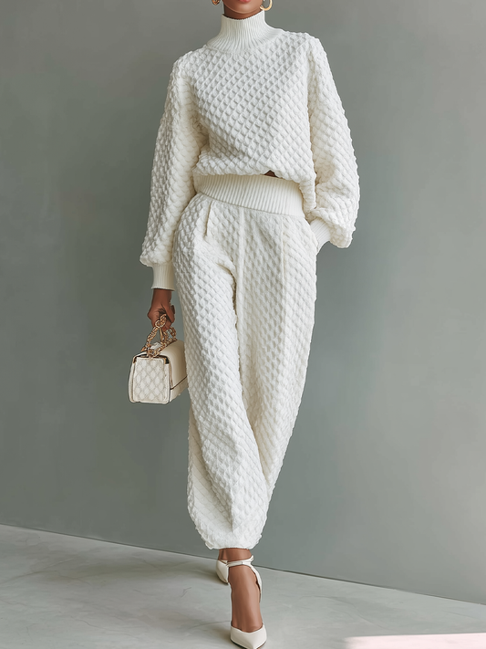 Women's White Top And Wide-leg Pants Knitted Set MDA1612H5T