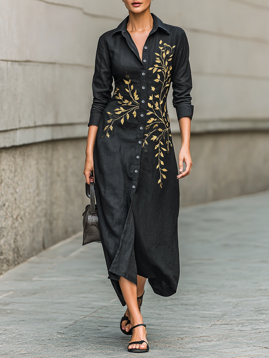 Women's Cotton And Linen Blend Leaf Embroidered Shirt Maxi Dress MDA1415H1Y