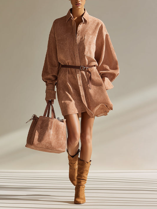 Women's Beige Elegant Suede Belted Oversized Shirt Mini Dress (Without Belt) MDA2229H6I