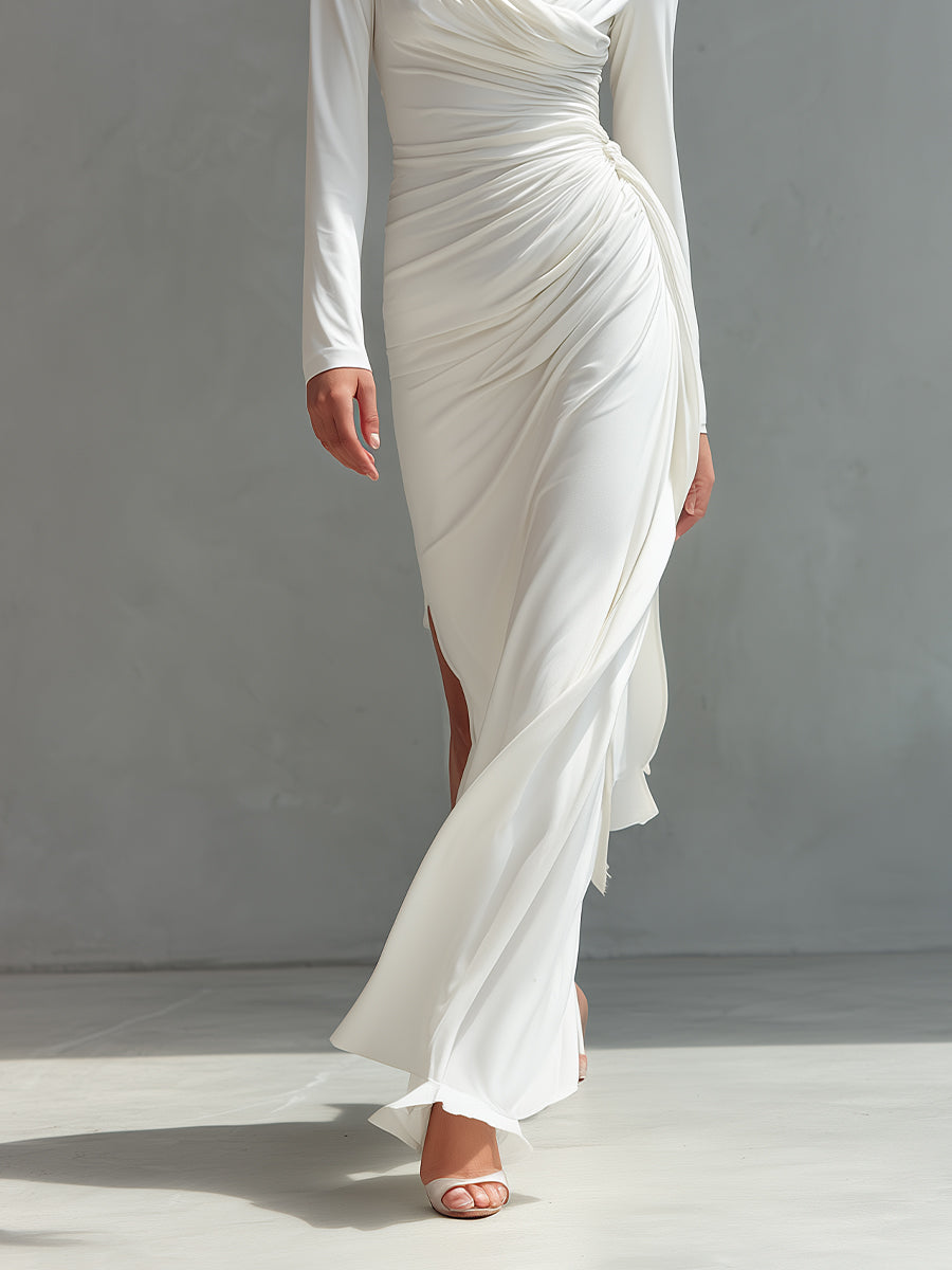 Women's White Elegant Satin Draped Ruched Slit Maxi Dress MDA2002H0I