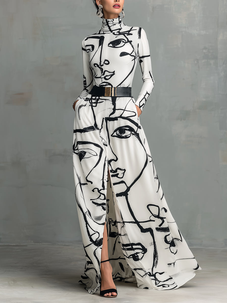 Women's Printed Belted Turtleneck Maxi Dress (Without Belt) MDA2441G2T