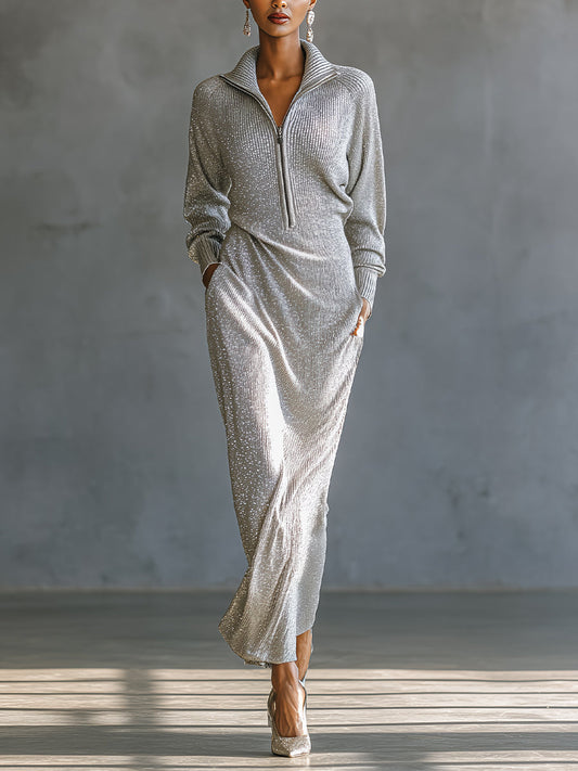 Women's Silver Glamorous Lurex - Knit Half - Zip Maxi Dress MDA1484H0I