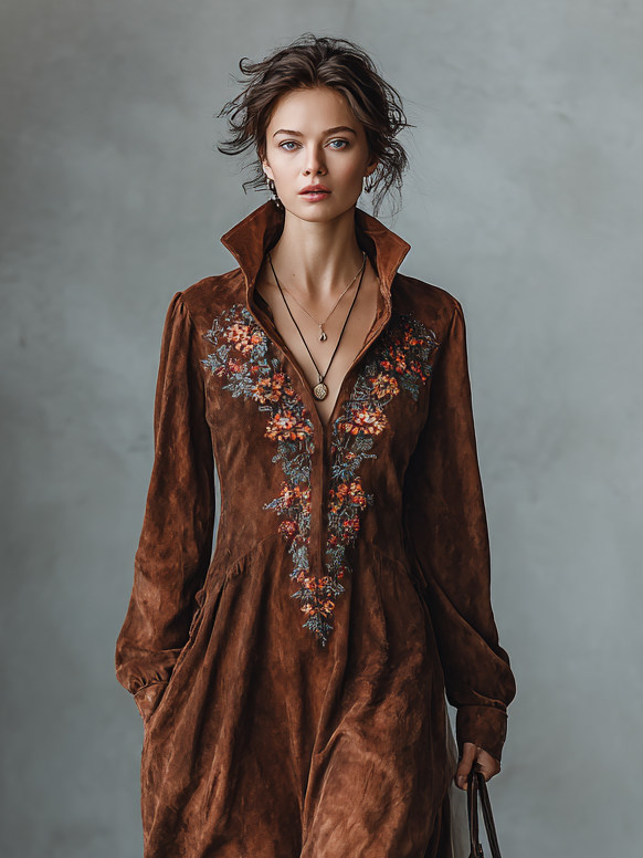 Women's Vintage Suede Long Sleeve Embroidered Neck Midi Dress MDA1978H1Y