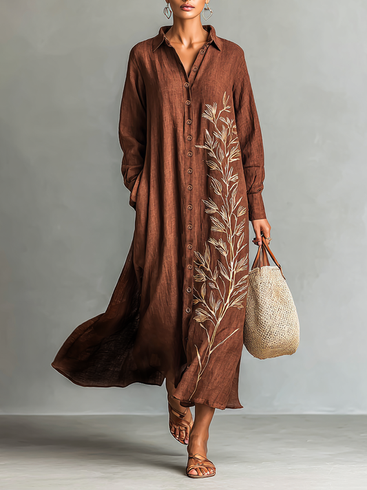 Women's Cotton And Linen Blend Leaf Embroidered Long-sleeved Shirt Maxi Dress MDA1525H1Y