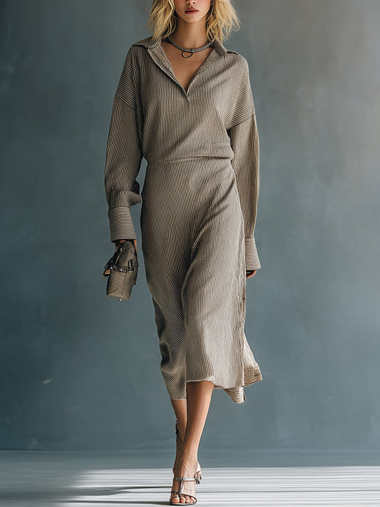 Women's Taupe Striped Chic Cotton - Blend Shirt Midi Dress MDA1152H9I