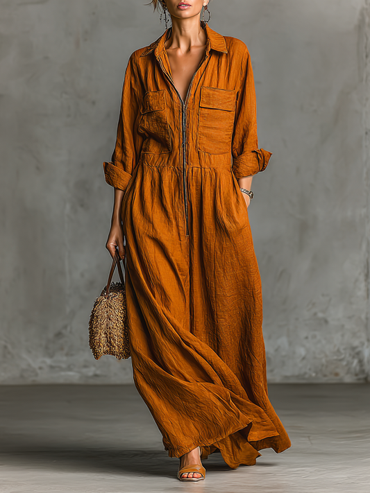 Women's Casual Loose Cotton And Linen Blend Zipper Lapel Long Sleeve Maxi Dress MDA1992H5Y