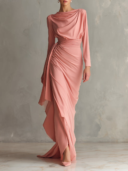 Women's Pink Glamorous Chiffon Draped Ruched Maxi Dress MDA2069H7I