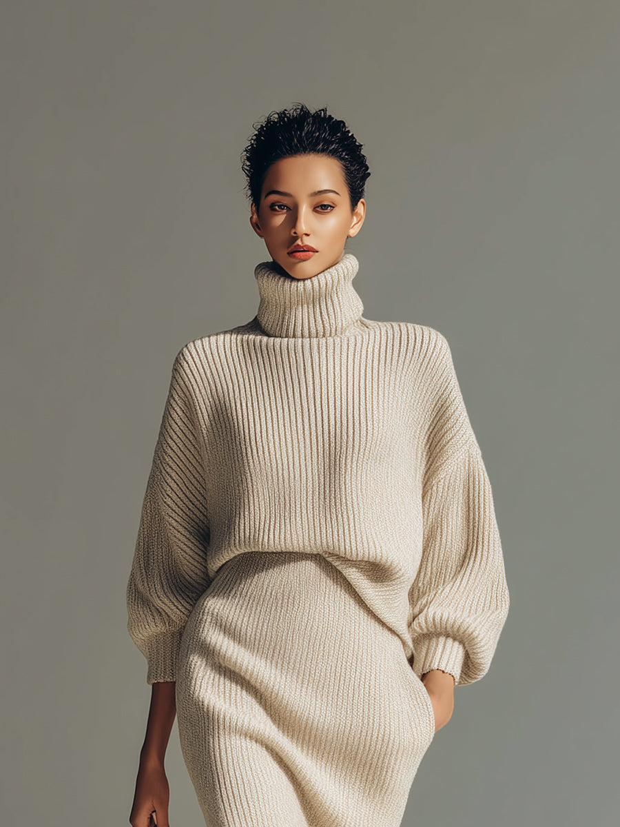 Women's Beige Elegant Rib - Knit Turtleneck Sweater & Slit Midi Skirt Set MDA1370H9I