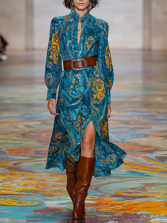 Women's Paisley Print Stand Collar Long Sleeve Loose Slit Midi Dress (Belt Not Included)MDA2485G7Y